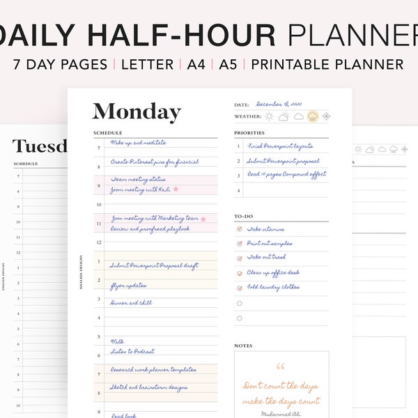 7 Day Planner Printable, Daily Half Hour Planner, Undated Daily Schedule, To-Do List, PDF Download Digital Planner A5 Filofax Refills