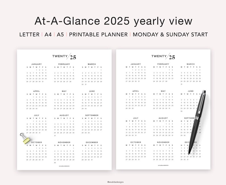 May include: Two printable calendar pages for the year 2025. Each page has a black and white calendar grid with the months of the year listed in order. The top of each page says "TWENTY 25".