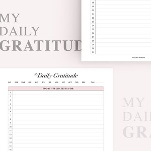 Pode incluir: Um di&aacute;rio de gratid&atilde;o di&aacute;rio imprim&iacute;vel com um cabe&ccedil;alho rosa que diz "My Daily Gratitude". O di&aacute;rio tem um calend&aacute;rio no topo com os meses do ano listados. Abaixo do calend&aacute;rio, h&aacute; uma se&ccedil;&atilde;o para escrever o que voc&ecirc; est&aacute; grato a cada dia. O texto "Today I'm Grateful For:" est&aacute; impresso em preto.