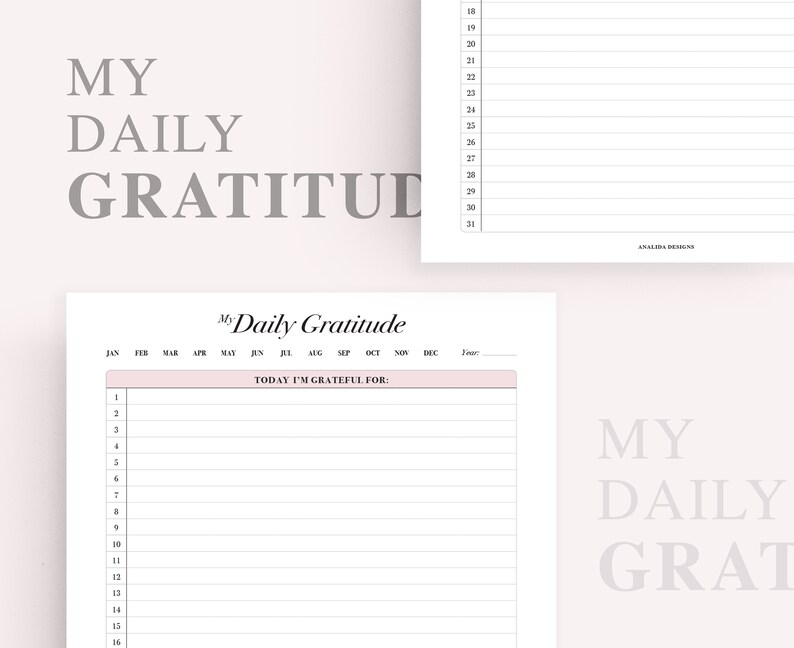 Pode incluir: Um di&aacute;rio de gratid&atilde;o di&aacute;rio imprim&iacute;vel com um cabe&ccedil;alho rosa que diz "My Daily Gratitude". O di&aacute;rio tem um calend&aacute;rio no topo com os meses do ano listados. Abaixo do calend&aacute;rio, h&aacute; uma se&ccedil;&atilde;o para escrever o que voc&ecirc; est&aacute; grato a cada dia. O texto "Today I'm Grateful For:" est&aacute; impresso em preto.