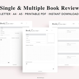 May include: Printable book review templates in letter, A4, and A5 sizes. The templates include space for the title, author, genre, rating, date finished, favorite quotes, and summary thoughts.