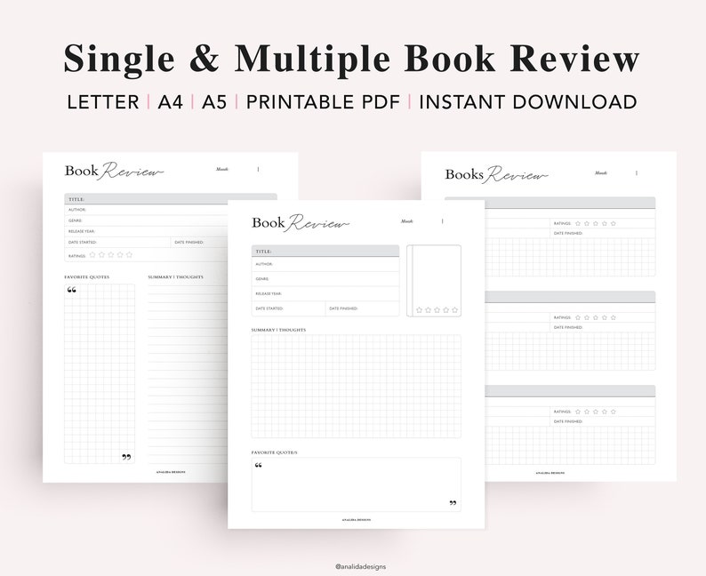 May include: Printable book review templates in letter, A4, and A5 sizes. The templates include space for the title, author, genre, rating, date finished, favorite quotes, and summary thoughts.