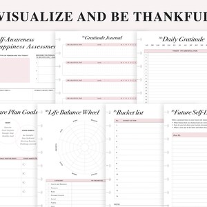May include: A set of printable planner pages with pink accents. The pages include sections for self-awareness, gratitude journaling, daily gratitude, self-care plan goals, life balance wheel, bucket list, and future self-letter.