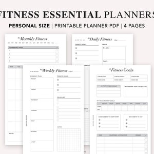 Könnte beinhalten: Vier druckbare Seiten mit Fitness-Planer-Vorlagen. Die Seiten sind in Schwarzweiß gehalten und beinhalten Abschnitte für monatliche, tägliche, wöchentliche und Fitnessziele. Die Seiten sind so konzipiert, dass sie Ihnen helfen, Ihre Fitnessfortschritte zu verfolgen und motiviert zu bleiben.