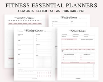 May include: Four printable fitness planner pages in black and white with pink accents. The pages include a monthly, weekly, daily, and fitness goals planner.
