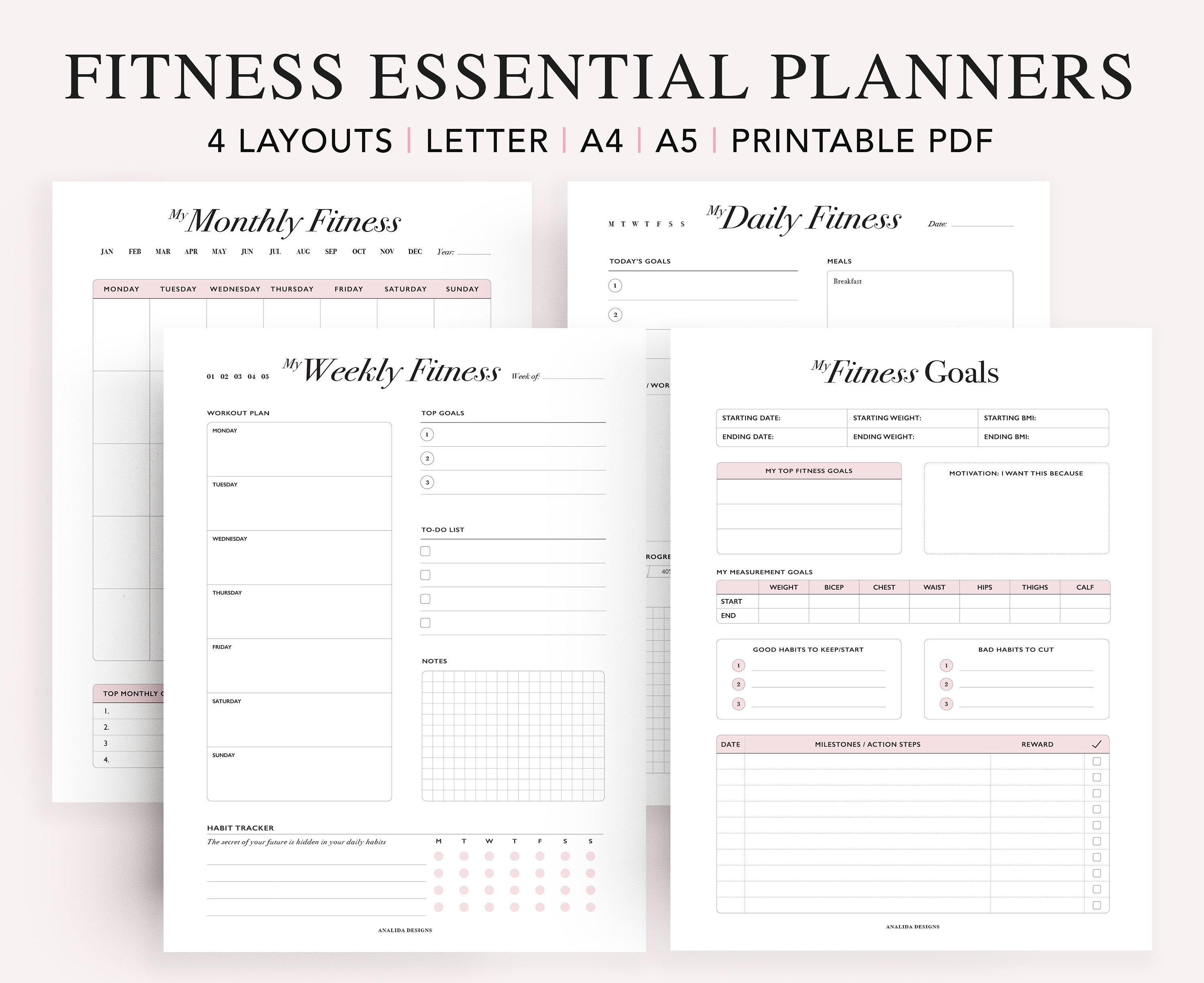 Fitness Planner Printable Daily Fitness Tracker Weekly Monthly