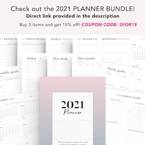 May include: A black and white printable 2021 planner bundle with pages for resolutions, vision boards, yearly overviews, monthly goals, weekly and daily planning, and reflections. The text "2021 Planner" is in the center of the image.