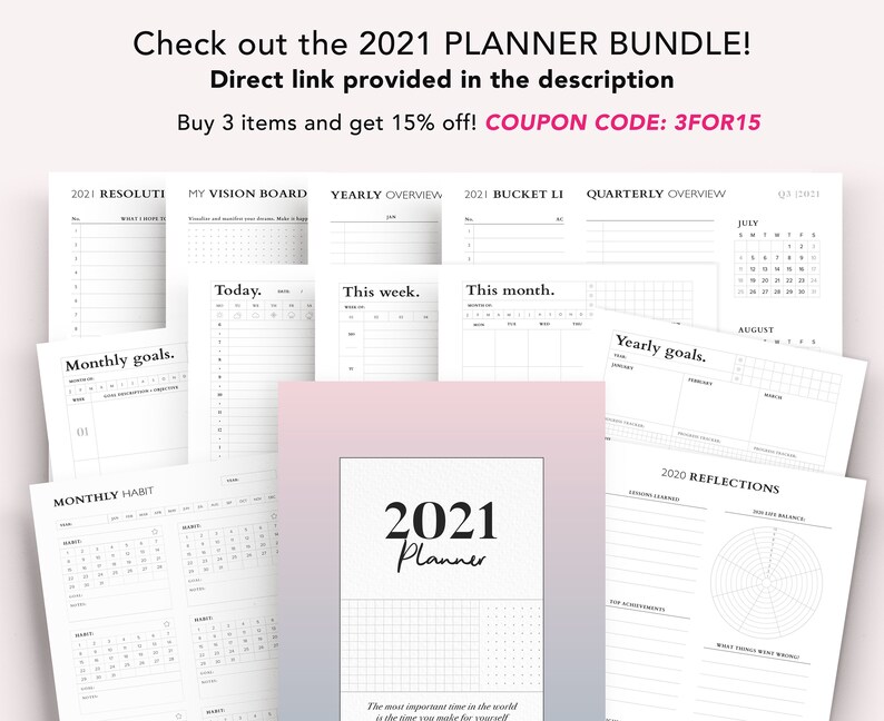 May include: A black and white printable 2021 planner bundle with pages for resolutions, vision boards, yearly overviews, monthly goals, weekly and daily planning, and reflections. The text "2021 Planner" is in the center of the image.
