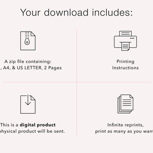 Peut inclure: Un t&eacute;l&eacute;chargement num&eacute;rique comprend un fichier zip avec des fichiers imprimables aux formats A5, A4 et US Letter. Le t&eacute;l&eacute;chargement comprend &eacute;galement des instructions d'impression et permet des impressions illimit&eacute;es.