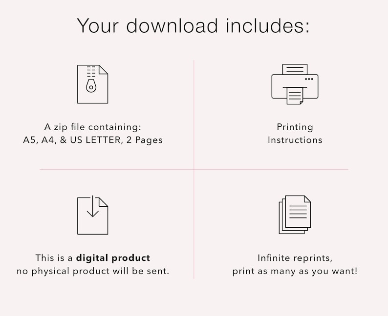 Peut inclure: Un t&eacute;l&eacute;chargement num&eacute;rique comprend un fichier zip avec des fichiers imprimables aux formats A5, A4 et US Letter. Le t&eacute;l&eacute;chargement comprend &eacute;galement des instructions d'impression et permet des impressions illimit&eacute;es.