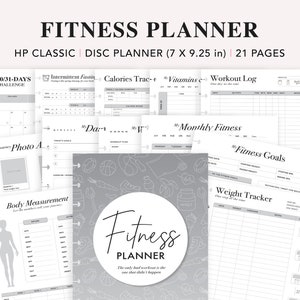 May include: A black and white fitness planner with a gray and white pattern of fitness icons. The planner is a disc planner and has 21 pages. The cover has the text "Fitness Planner" and the tagline "The only bad workout is the one that didn't happen".