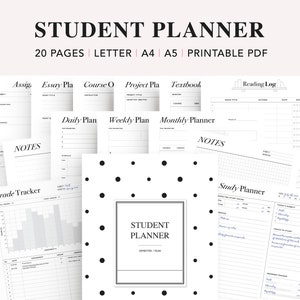 May include: A black and white printable student planner with a polka dot cover. The planner includes pages for assignments, essays, courses, projects, textbooks, reading logs, daily, weekly, and monthly planning, notes, and a grade tracker.