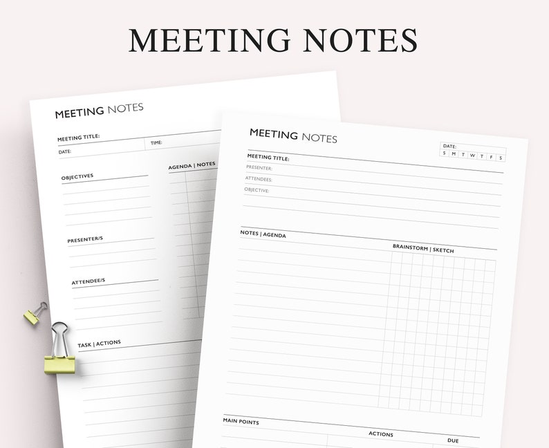 Meeting Notes Printable Work Organizer Daily Weekly Work Etsy