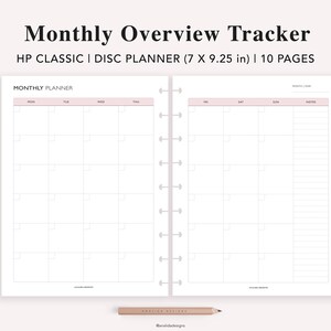 May include: A printable monthly planner page for a disc bound planner. The page is divided into two sections, one for the days of the week and one for notes. The planner is 7 inches by 9.25 inches and is designed for use with a HP Classic disc planner.
