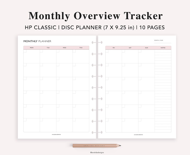 May include: A printable monthly planner page for a disc bound planner. The page is divided into two sections, one for the days of the week and one for notes. The planner is 7 inches by 9.25 inches and is designed for use with a HP Classic disc planner.