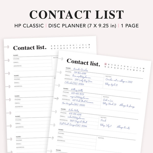 Printable Contact List, Happy Planner Classic Insert, Print at home planner pages, Address Log, Address Book Page, Emergency contact, PDF