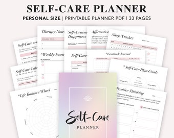 May include: A printable self-care planner with a pink and purple ombre background. The planner includes pages for tracking sleep, gratitude, affirmations, self-care goals, and more. The cover features the text "Self-Care Planner" in a black script font.