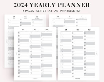 2024 Year Calendar Printable, Yearly Overview, Year at a Glance, Monthly Calendar, 2024 Year Planner Vertical, A5 planner inserts, PDF