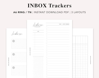 May include: Three printable A6 inbox tracker layouts. The first layout has three sections with a grid and a circle in each section. The second layout has a grid on the left and a lined section on the right with the words "NOW, LATER, SOMEDAY" at the top. The third layout is a grid.