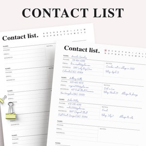 Lista kontaktów do druku, strony planera do drukowania w domu, dziennik adresów, strona książki adresowej, kontakt alarmowy, format A5 i Letter, natychmiastowe pobieranie