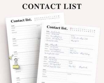 Printable Contact List, Print at home planner pages, Address Log, Address Book Page, Emergency contact, A5 and Letter size, Instant Download