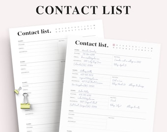 Printable Contact List, Print at home planner pages, Address Log, Address Book Page, Emergency contact, A5 and Letter size, Instant Download