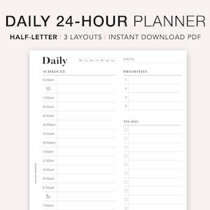 24 Hour Daily Planner Printable: Half Letter AM/PM Schedule (PDF Download