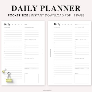 Könnte beinhalten: Ein druckbarer Tagesplaner mit zwei Seiten, jede mit einem Zeitplan, Top-Prioritäten, Aufgaben, Terminen und einem Hydratations-Tracker. Der Planer ist für die Hosentasche konzipiert und enthält den Text "Daily Planner" und "Pocket Size | Instant Download PDF | 1 Page".