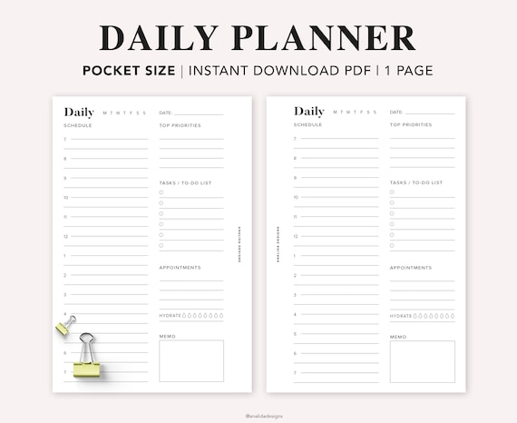 Pocket Size Daily Task Planner Insert, Sized and Punched for Filofax Pocket Notebook