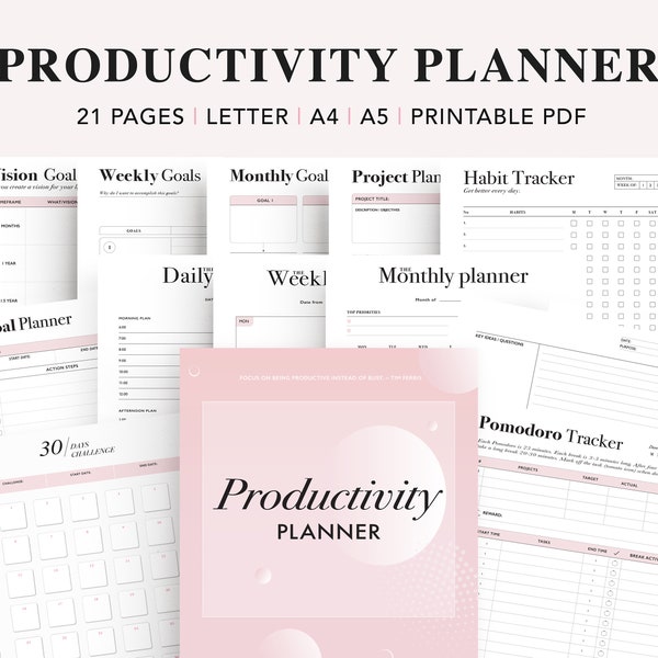 Daily Productivity Planner Bundle, Daily Planner Printable, Goal Planner, Project Planner, Life Organizer, To-Do List, A5 planner inserts