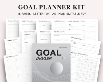 May include: A printable goal planner kit with 18 pages. The kit includes pages for goal overview, habit tracker, monthly review, notes journal, goal progress tracker, yearly goals, daily planner, weekly goals, monthly goals, yearly roadmap, and goal action plan. The kit is non-editable and comes in PDF format.