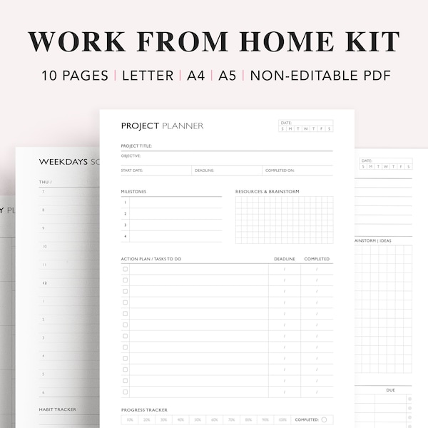 Work from Home Printable, Business Planner, To-Do List Template, Remote Work, Project Planner, Time Management Log, A5 Planner Inserts, PDF