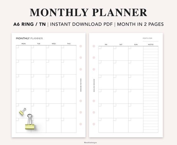 A6 Monthly Planner Printable, Month on Two Pages, Monthly Perpetual Calendar Refill, Undated Monthly Template, A6 Planner Printable, PDF - Etsy