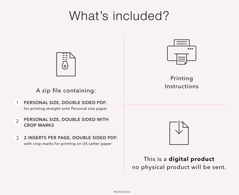 May include: A digital product graphic with the text "What's included?" and a list of PDF files for printing, including personal size and US Letter paper options. The image also includes printing instructions and a note that no physical product will be sent.