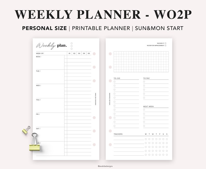 May include: A printable weekly planner with a minimalist design. The planner includes sections for daily tasks, to-do lists, and trackers. The text "WEEKLY PLANNER - WO2P" is at the top, with "PERSONAL SIZE | PRINTABLE PLANNER | SUN&MON START" below it.