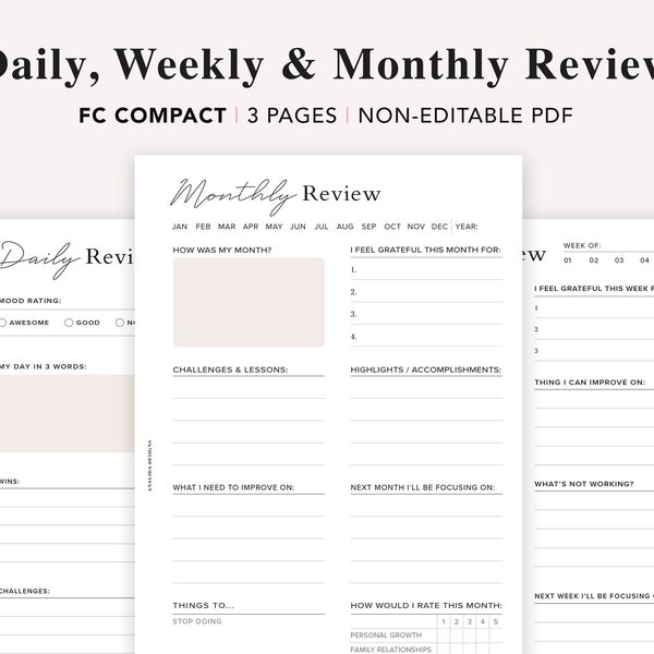 FC Compact Size Daily Reflection, Weekly Reflection Journal, Monthly Review Worksheet, Gratitude journal, Franklin Covey Compact, PDF