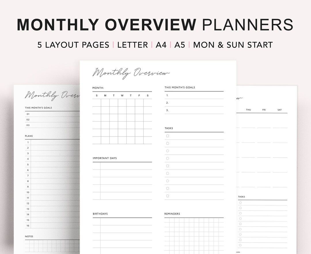 Monthly Planner Printable, Monthly Overview, Monthly Calendar, Month at ...