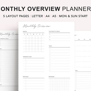 Monthly Planner Printable, Monthly Overview, Monthly Calendar, Month At a Glance, Important Dates, Monthly Agenda, Month on One Page, PDF