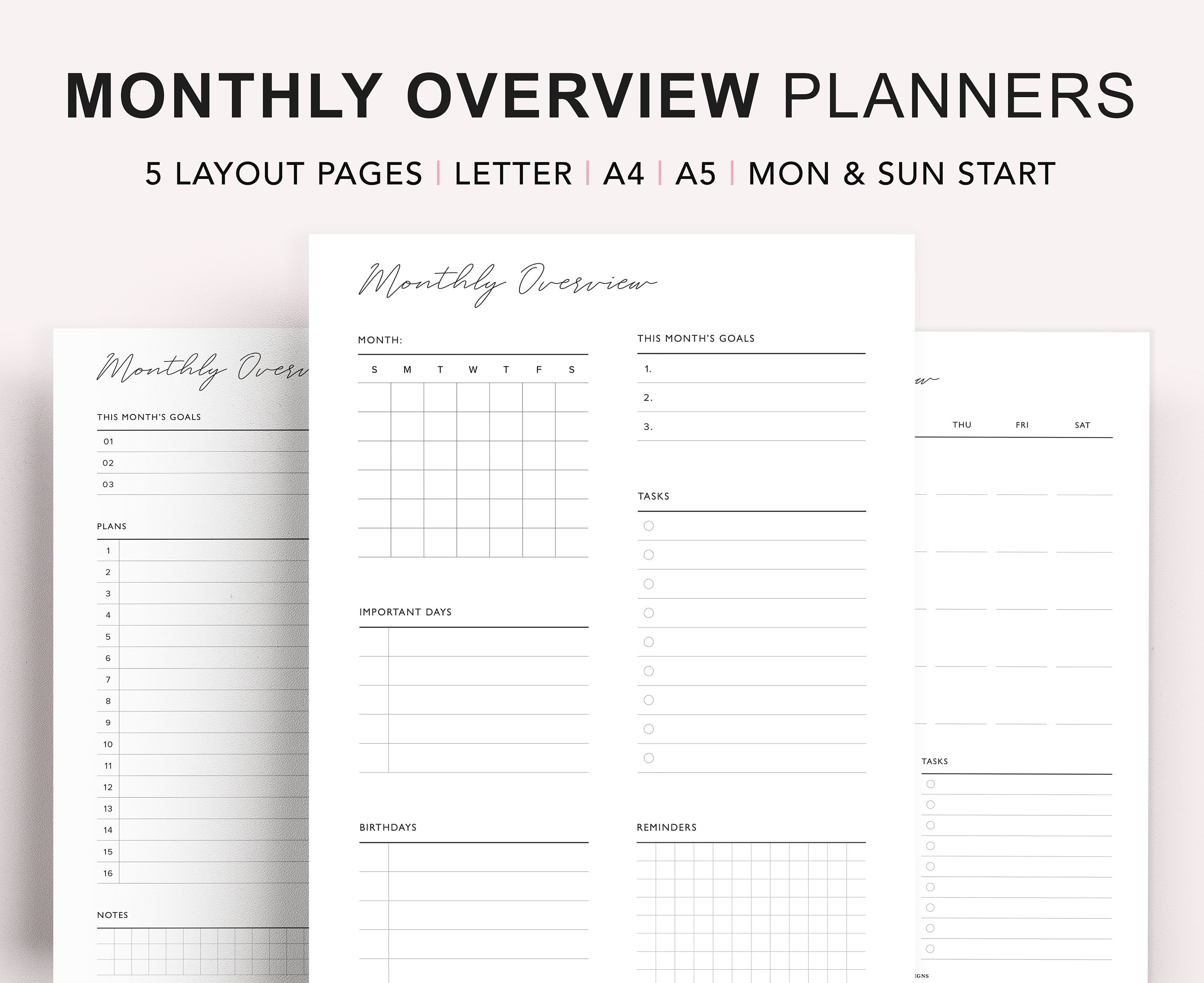 monthly planner printable monthly overview monthly calendar etsy ireland