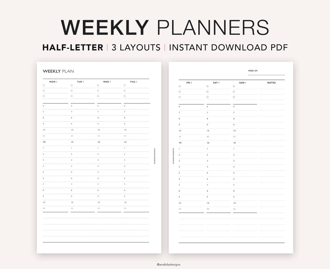 Half Letter Weekly Planner: Printable Hourly Schedule (PDF) - Etsy