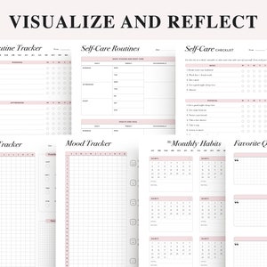May include: A printable planner with pages for tracking routines, self-care, mood, periods, monthly habits, and favorite quotes. The pages are designed with a minimalist aesthetic and feature a light pink color scheme.