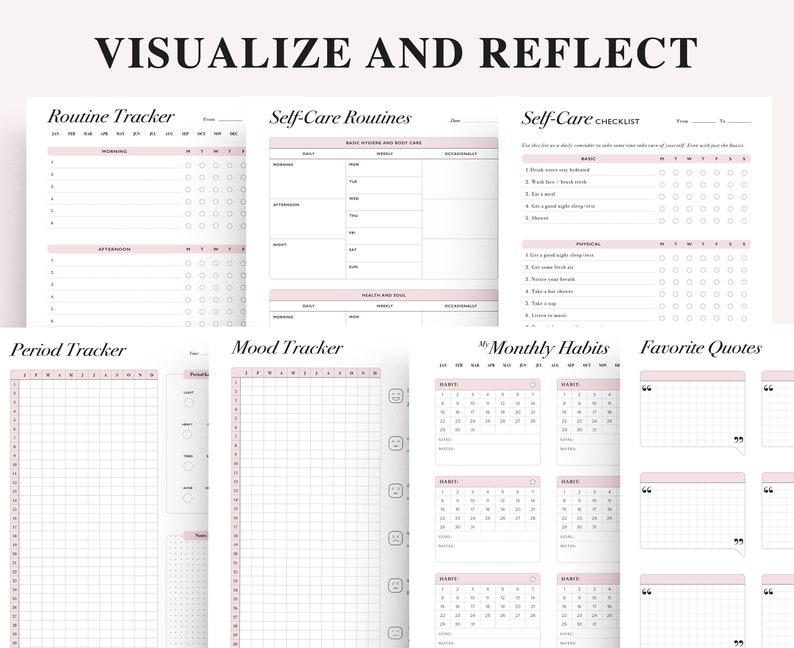 May include: A printable planner with pages for tracking routines, self-care, mood, periods, monthly habits, and favorite quotes. The pages are designed with a minimalist aesthetic and feature a light pink color scheme.