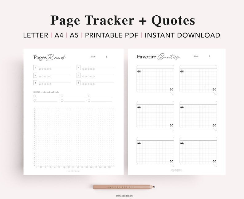 May include: Printable page tracker and favorite quotes log. The page tracker has a grid for logging pages read and a section for notes. The quotes log has six sections for writing down favorite quotes.