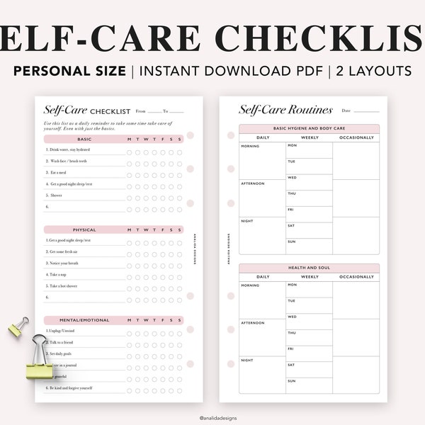 PERSONAL Self Care Checklist Tracker, Self Help Journal, Daily Routine Planner, Weekly Self-care, Mental Health, Wellness Planner, PDF