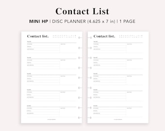 Mini HP Printable Contact List, Print at home planner pages, Address Log, Address Book Page, Emergency contact, Mini Discbound, PDF Download