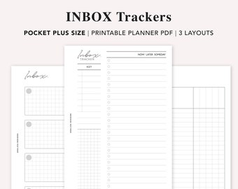 May include: Printable planner pages with three different layouts for organizing tasks. The layouts include a grid, a list with "Now, Later, Someday" headings, and a grid with "Inbox Tracker" text.