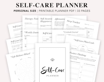 May include: A printable self-care planner with 33 pages. The planner includes sections for therapy notes, self-awareness, affirmations, sleep tracking, a gratitude journal, self-care goals, and positive thinking. The cover features a black and white lotus flower design.