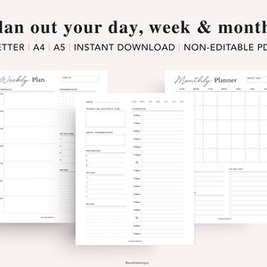 May include: Printable planner pages for daily, weekly, and monthly planning. The pages are black and white and feature a simple, minimalist design. The pages are labeled "Weekly Plan" and "Monthly Planner".