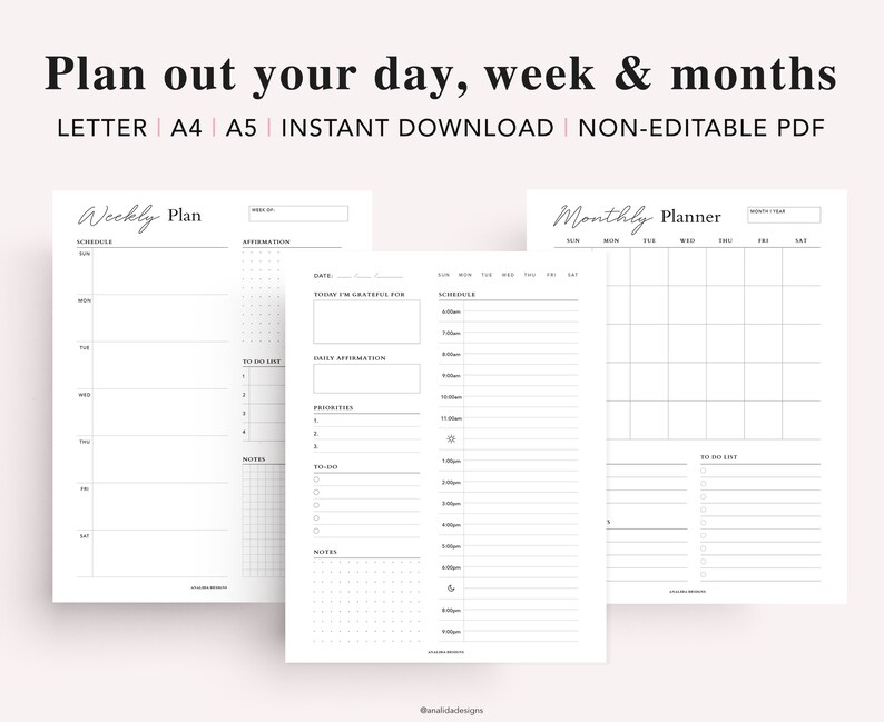 May include: Printable planner pages for daily, weekly, and monthly planning. The pages are black and white and feature a simple, minimalist design. The pages are labeled "Weekly Plan" and "Monthly Planner".