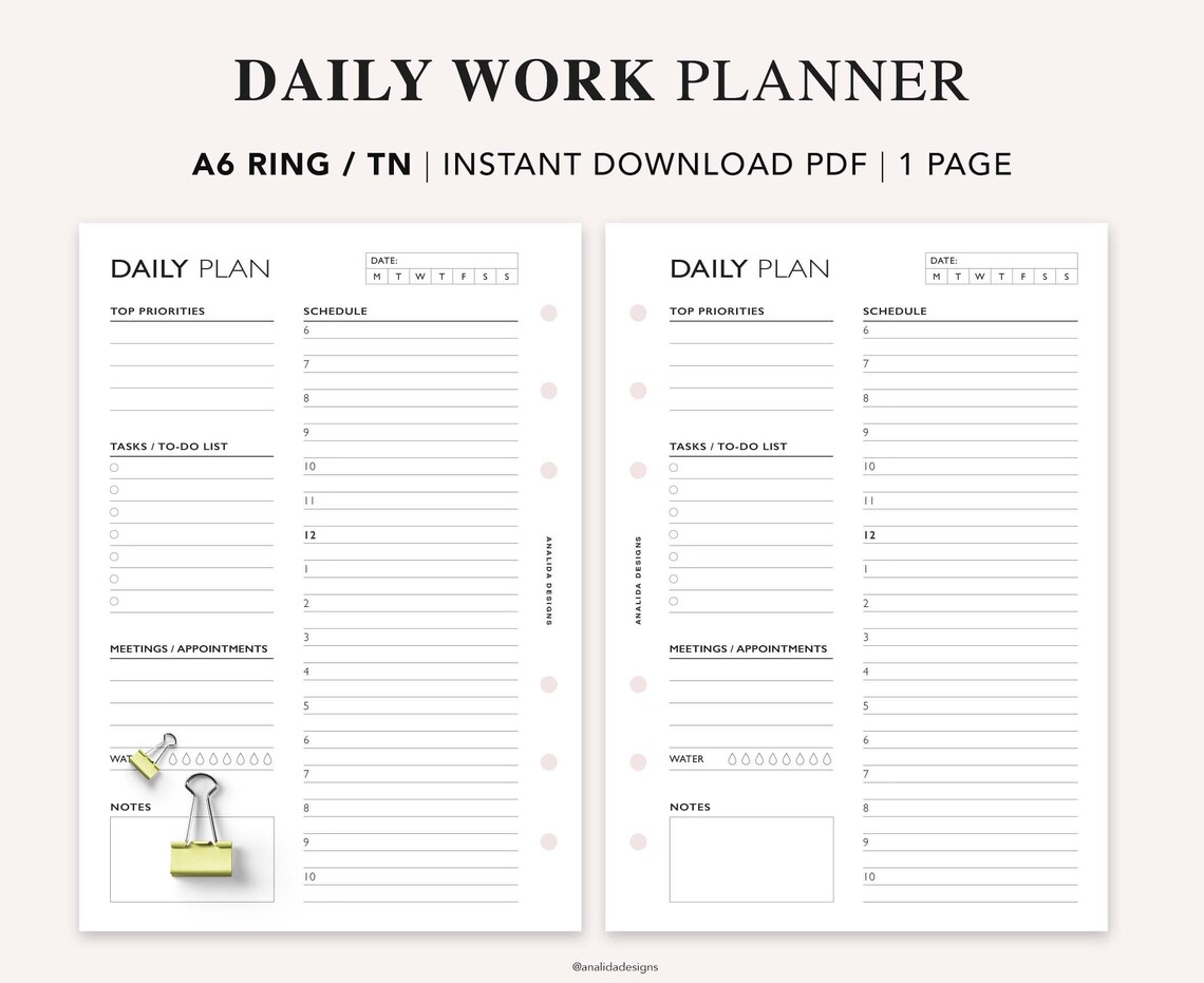 A6 Daily Planner Printable Hourly Planner Daily Plan Work - Etsy